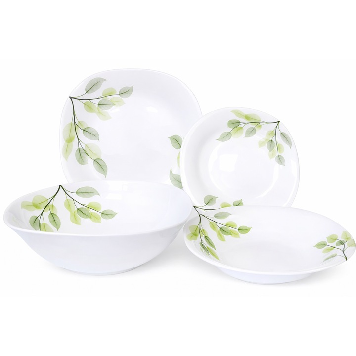 Комплект за хранене OPAL от порцелан, квадратен – 19 части, модел зелени листа
