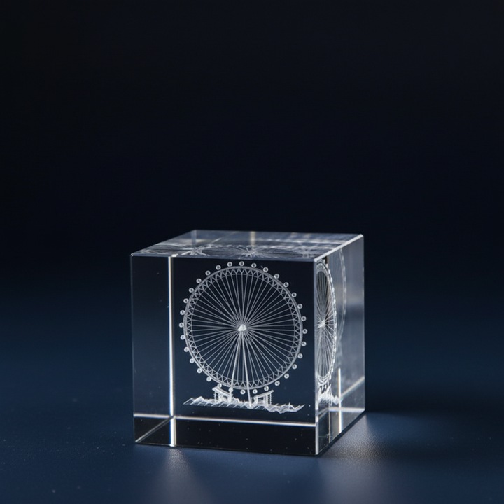 Cub Cristal 3D "Nostalgia Copilariei", 6cm - Carusel Magic cu Gravura Fina, Cadou de Craciun sau Zi de Nastere