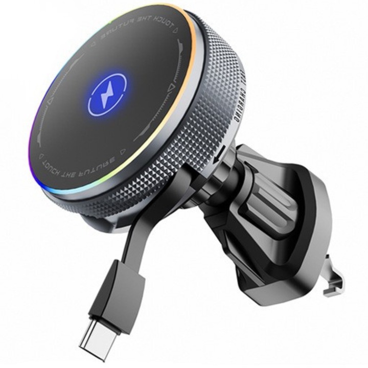 Mágneses autós telefontartó vezeték nélküli töltéssel, RaSteff™ – Erős tapadás, Fényjelző, Stabil rögzítés és Univerzális kompatibilitás, Fekete