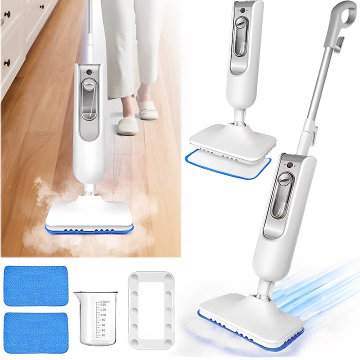 Mop cu abur, Bedee, Electric, 1500W, 0.38 l, 2 setari ale aburului, Multifunctional, Incalzire rapida, Igienizeaza, indeparteaza petele si murdaria, 2 placute inclus, Folosit in covoare, Bucatarii, Bai, Masini de spalat si alte locuri, Alb