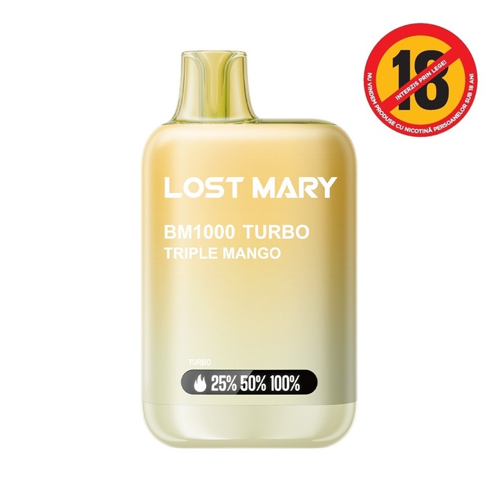 Tigara electronica de unica folosinta, Lost Mary BM1000 Turbo, Triple Mango, 2ml, 20mg NicSalt, 1000 pufuri, 65x36x17.4mm