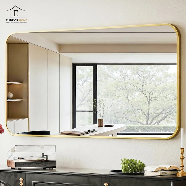 Oglinda Decorativa Rama Aurie 100 × 75 cm Elindor® Agatare pe Perete sau Sprijinita, Dreptunghiulara, Colturi Rotunjite, Moderna si Eleganta, Reflexie HD, Sticla fara Distorsiuni, Ideala pentru Dormitor, Living, Birou, Dressing, Hol, Baie