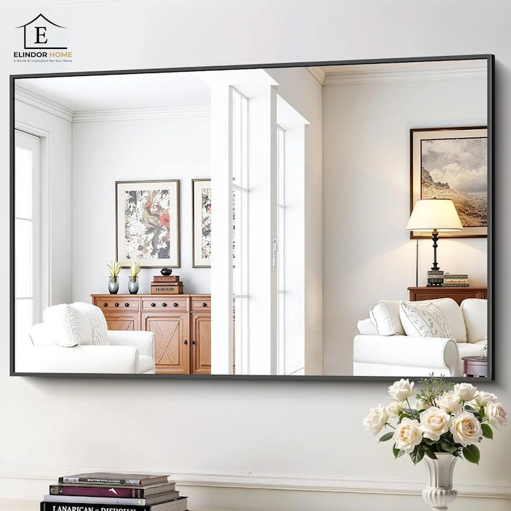 Oglinda Decorativa Elindor® 122 x 75 cm Rama Neagra, Agatare pe Perete sau Sprijinita, Dreptunghiulara, Moderna si Eleganta, Reflexie HD, Sticla fara Distorsiuni, Ideala pentru Dormitor, Living, Birou, Dressing, Hol, Baie