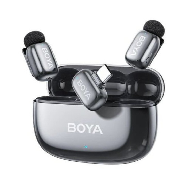 Microfon wireless Boya Mini 2-02, 2.4GHz, anulare zgomot AI, culoare gri, set cu 2 transmitătoare și 1 receptor