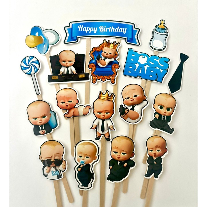 Set toppere tort Baby Boss, DecoParty, 17 figurine, carton, suport lemn inclus
