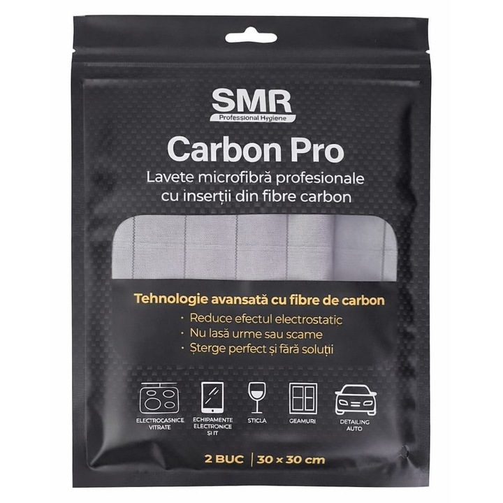 Lavete profesionale din microfibra cu inserții din fibră de carbon, set 2 buc, 30x30 cm, pentru curățarea sticlăriei și electrocasnicelor