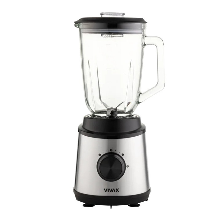Blender Vivax BL-800X, 800 W, capacitate 1, 5 L, borcan de sticla, 2 viteze + Turbo Pulse, Negru/Inox