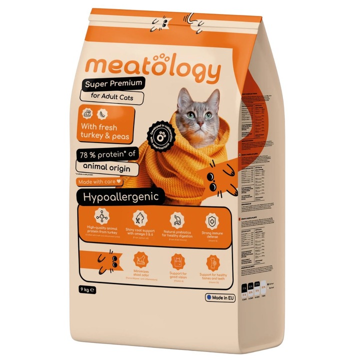 Суха храна Meatology за възрастни котки, пуешко и грах, хипоалергенна, 9 кг