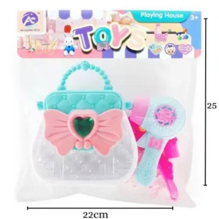 Set de joaca pentru copii cu gentuta, uscator de par si accesorii pentru par, 25x23 cm