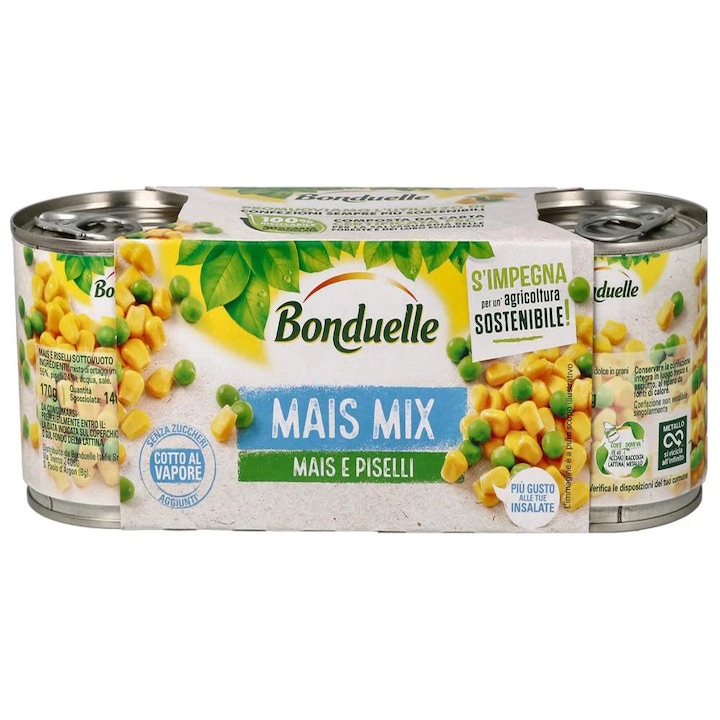 Conservă legume, Bonduelle, Porumb și mazăre, set 3x140g