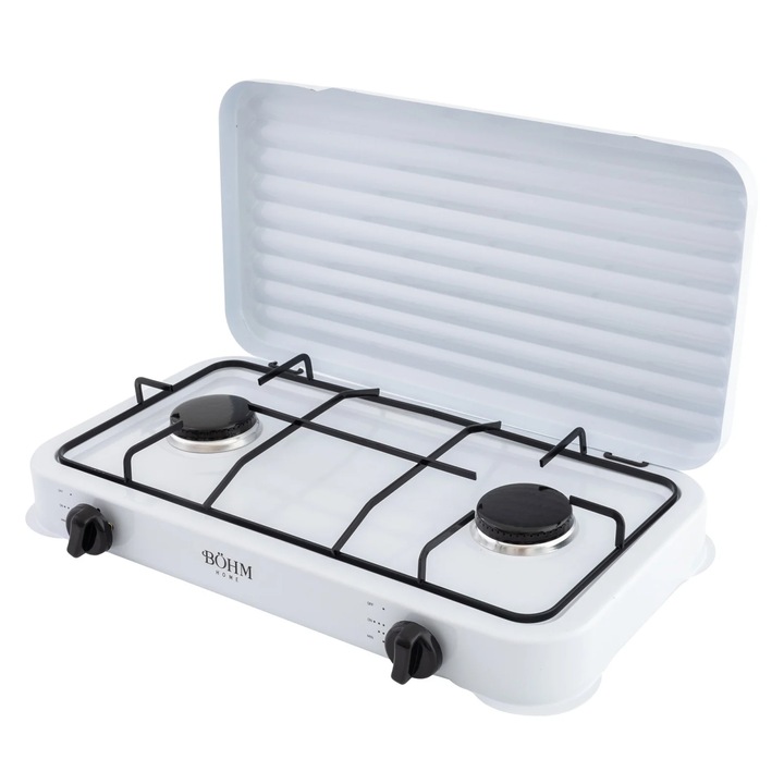 Aragaz cu doua ochiuri BÖHM BG-M-002-W pe gaz si aprindere manuala, 4.4 kW, Alb