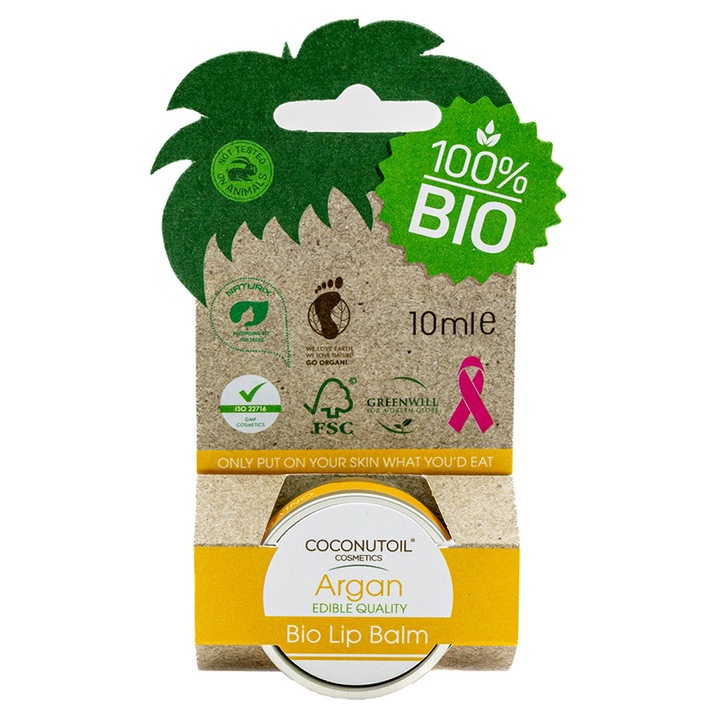 Balsam de buze, Coconutoil Cosmetics, cu ulei de argan organic, 10ml, fără nuanță