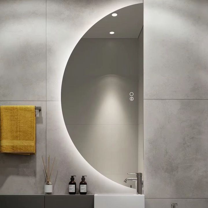 Oglinda baie LED 24w semirotunda, 50x100cm, 3 tipuri lumina, montare orizontala sau verticala