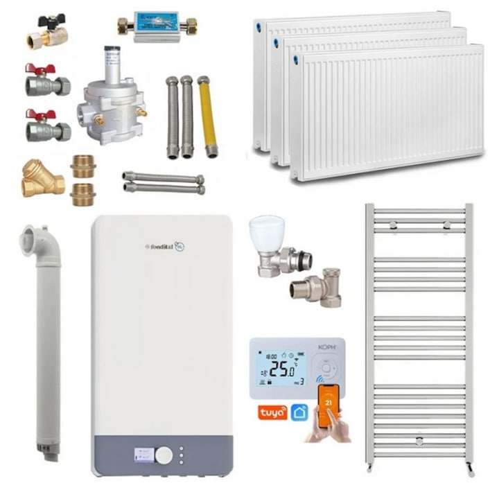 Pachet centrala termică pe gaz Fondital Antea Next KC 26 kW, calorifere, termostat inteligent, set robineți, kit evacuare