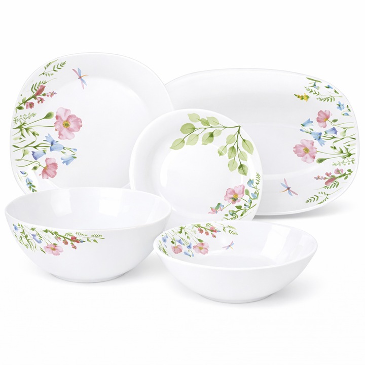 Luminarc OPAL étkészlet, 20 részes, porcelán, négyzetes, Mezei Virágok, 6 személyes
