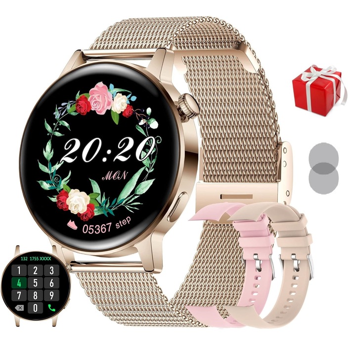 Női okosóra, BSG TECH, kerek 1.27" kijelző, intelligens, fitnesz, sport, vízálló, okos, értesítések, vezeték nélküli, Bluetooth 5.2 hívás, HD mikrofon, nőknek, arany fém tok, 2 szíjjal, 2 képernyővédővel