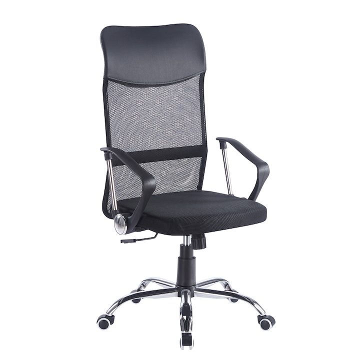 Ергономичен офис стол Invincio SmartFit 2, регулируема височина 108–119 см, дишаща мрежеста облегалка, облегалка за глава от екологична кожа, седалка с подплата от пяна, фиксирани подлакътници, хромирана метална основа, безшумни колелца, черен цвят