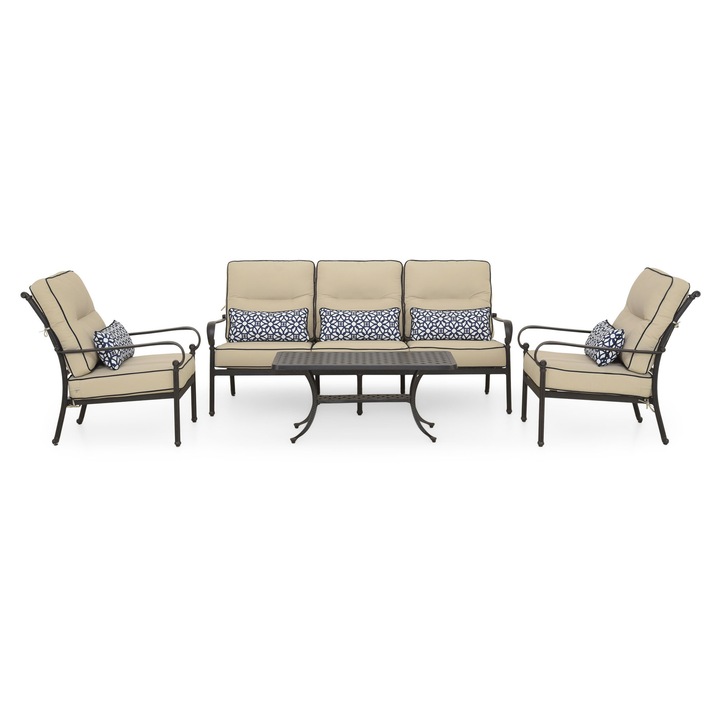 Set mobilier gradina/terasa 2 fotolii, canapea 3 locuri si masuta, Maison Mex KINGSTON, negru/bej