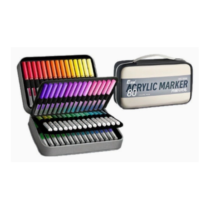 Set de 80 markere acrilice, culori vibrante, cerneala pe baza de apa, varf moale