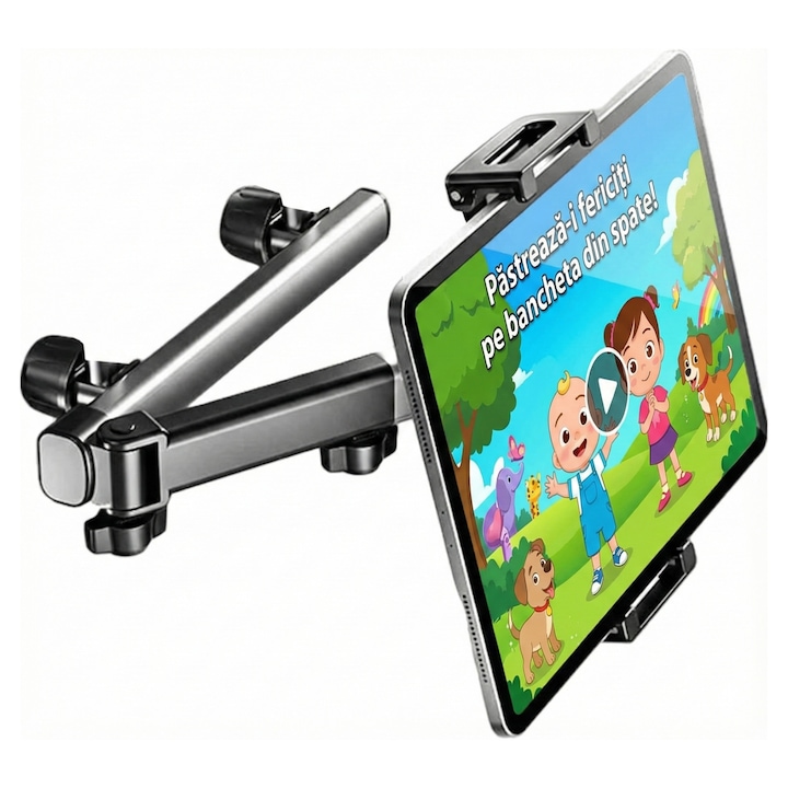 Suport Auto de Tableta si Telefon pentru tetiera Zetta Innovation®, 4.7-12.9 inch, brat telescopic extensibil 22-30cm, rotire 360 grade, ideal pentru copii sau adulti, Negru