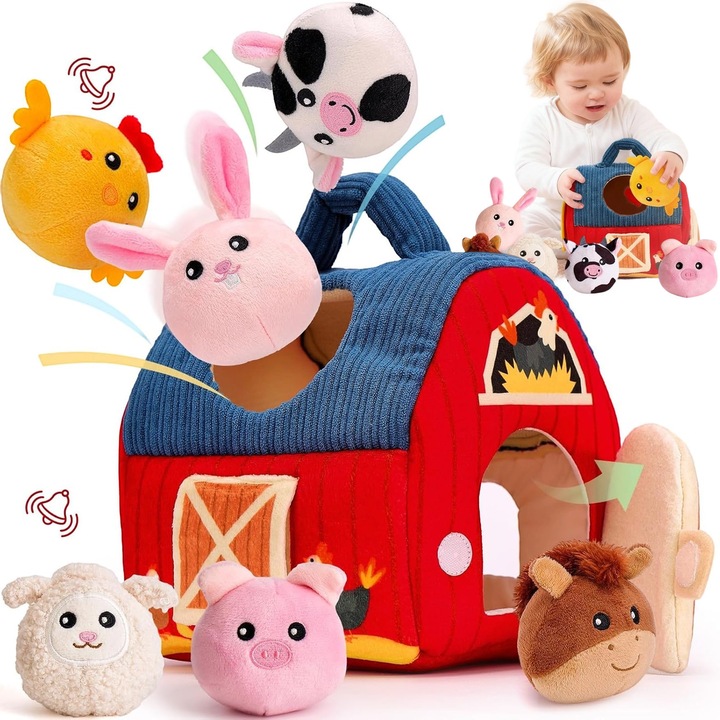 Комплект плюшени играчки, 6 животни, къща за съхранение, многоцветни, 20,3x15x15см