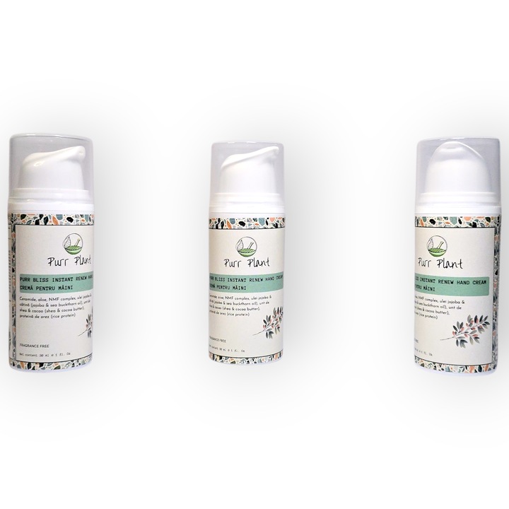 Pachet 3 x 30ml Crema hidratanta pentru maini uscate si crapate Purr Plant Purr Bliss Instant Renew vegan, 99% natural cu ceramide, aloe