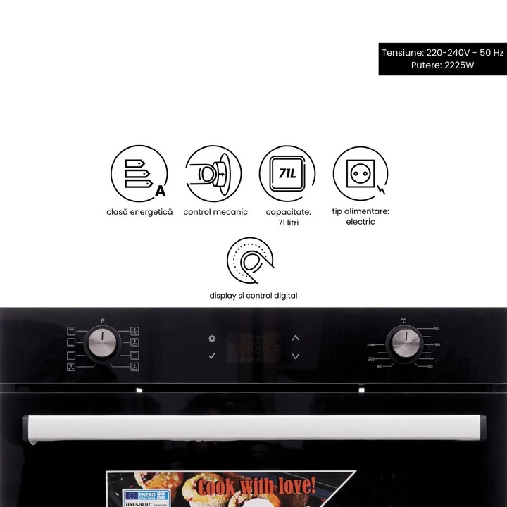 Cuptor electric incorporabil Hausberg, Clasa A, volum 71L, putere 2225W, panou sticla termoizolant, termostat, timer, 8 functii, ventilatie, Negru