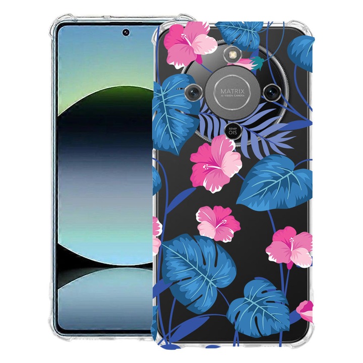 BestCase® Ütésálló tok 1.5mm Honor Magic8 Lite-hoz, trópusi kék virágos designnal, megerősített 4 sarokkal, 3128364 AS 112