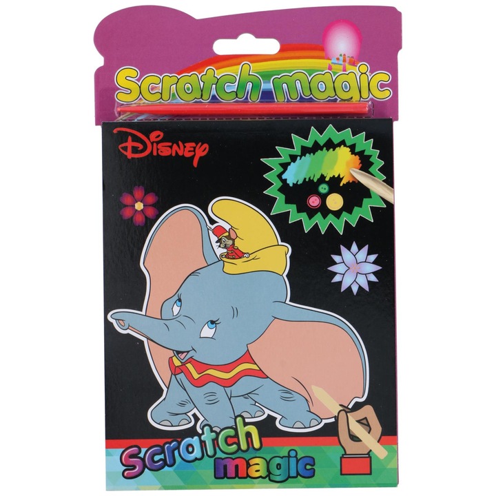 Carte de activitati pentru copii, Disney Scratch Magic, Creion pentru razuire inclus, Model Dumbo, 12 pagini, 22x17cm