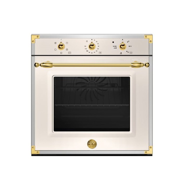 Cuptor electric incorporabil cu convectie Bertazzoni, colectie Heritage, Built-in, 76 litri, latime 60 cm, clasa A, 5 moduri gatire, functie grill, 5 niveluri tavi, iluminare interioara, panou de control mecanic, comutator temperatura mecanic, crem/auriu