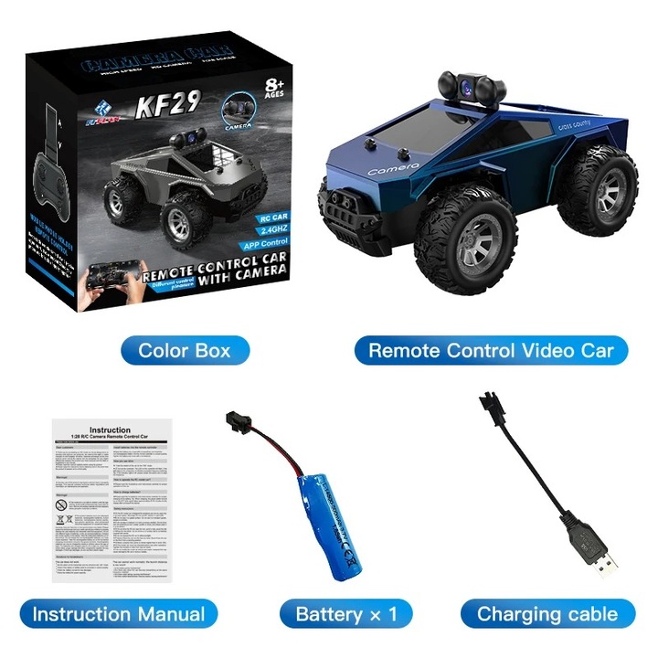 RC Off-Road autó 1:28, videókamera, állítható lámpák, 3.7V 500mAh, 20 perc