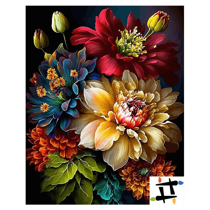 Set pictura pe numere Flori multicolore 6478, panza bumbac pe rama lemn, 40x50 cm, tablou cu schita, 3 pensule si vopsea acrilica