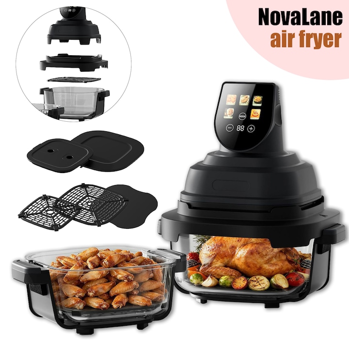 Friteuza dubla fara ulei NovaLane Airfryer, tehnologie Rapid Air, 2 recipiente de 2 dimensiuni, afisaj digital, 8 presetari, capacitate 4 litri, cronometru