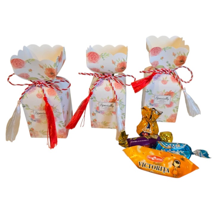 Set 10 Martisoare Dulci – Cutii Cadou cu 4 Bomboane Bucuria si Fir Traditional, Cadou 1 Martie