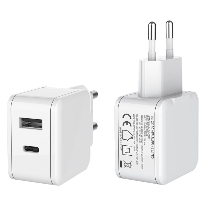 Incarcator rapid Qdecor 30W pentru priza tehnologie GaN, 1 x USB Type C, 1 x USB Alb