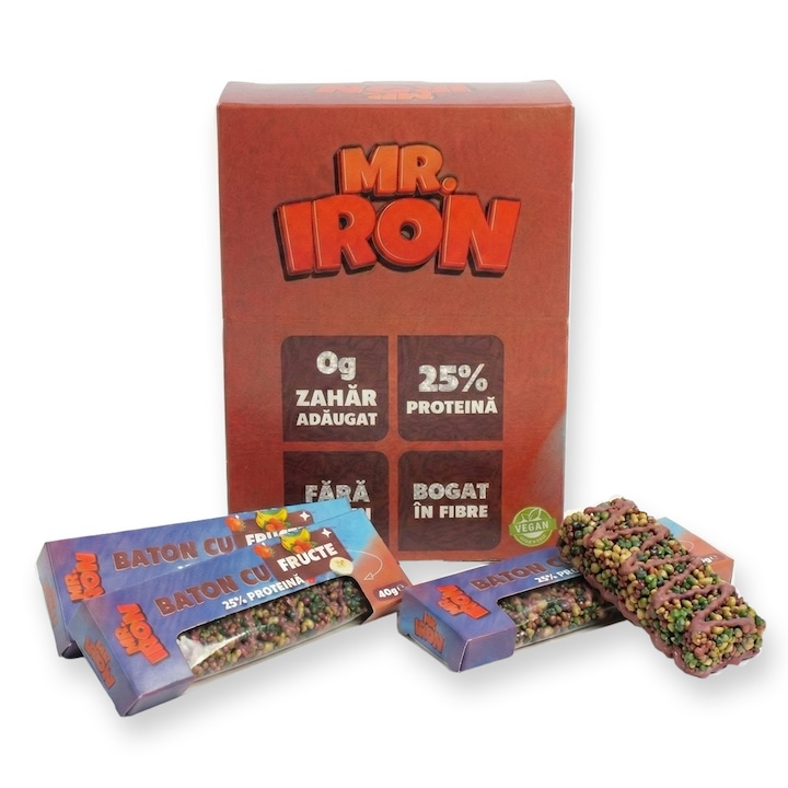4 Bucati Batoane Mr. Iron cu 25% Proteina, Fara Zahar Adaugat, Indulcite Natural, cu Carbohidrati redusi, Fara Gluten, Vegane si Bogate in Fibre - Cu Fructe