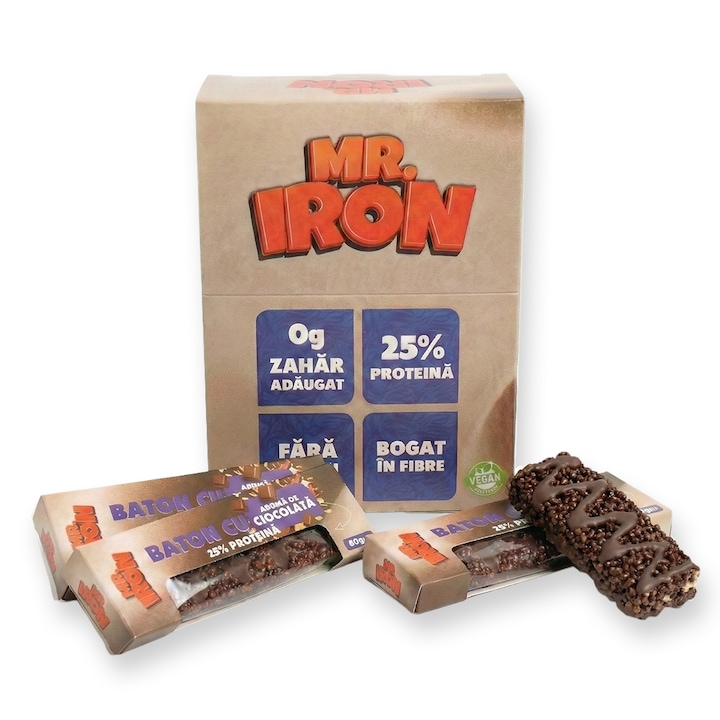 4 Bucati Batoane Mr. Iron cu 25% Proteina, Fara Zahar Adaugat, Indulcite Natural, cu Carbohidrati redusi, Fara Gluten, Vegane si Bogate in Fibre - Aroma de Ciocolata