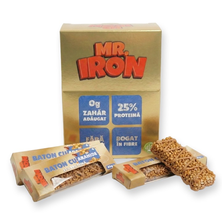 4 Bucati Batoane Mr. Iron cu 25% Proteina, Fara Zahar Adaugat, Indulcite Natural, cu Carbohidrati redusi, Fara Gluten, Vegane si Bogate in Fibre - cu Arahide