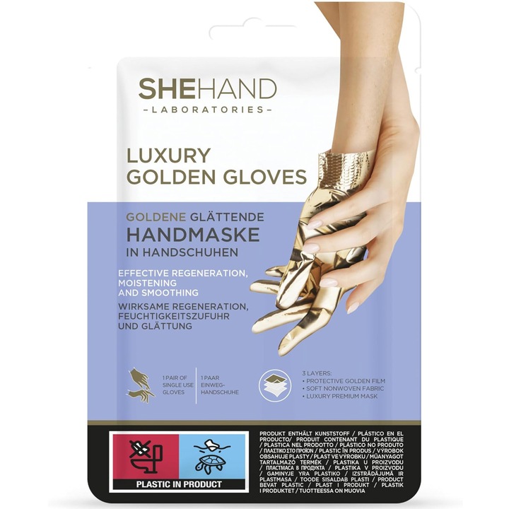 Masca pentru maini, She Cosmetics, SheHand, Hidratare intensa cu manusi aurii, 1 pereche