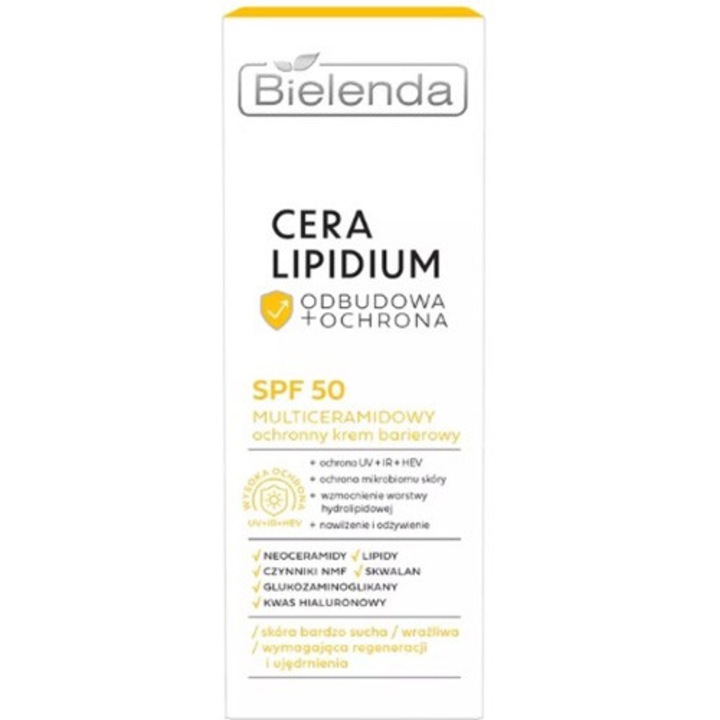 Crema protectoare SPF 50, Bielenda, Cera Lipidium, multiceramide și protecție solara, 30 ml