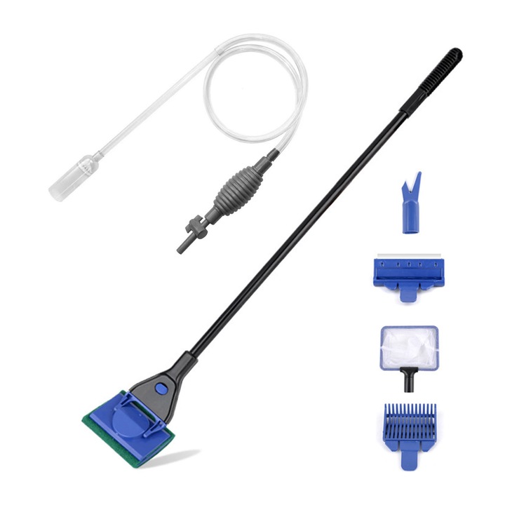 Set curățare acvariu 5 in 1, AFKSMILE, 57.5cm, Negru/Albastru, cu airbag 1.7m, 5 accesorii interschimbabile