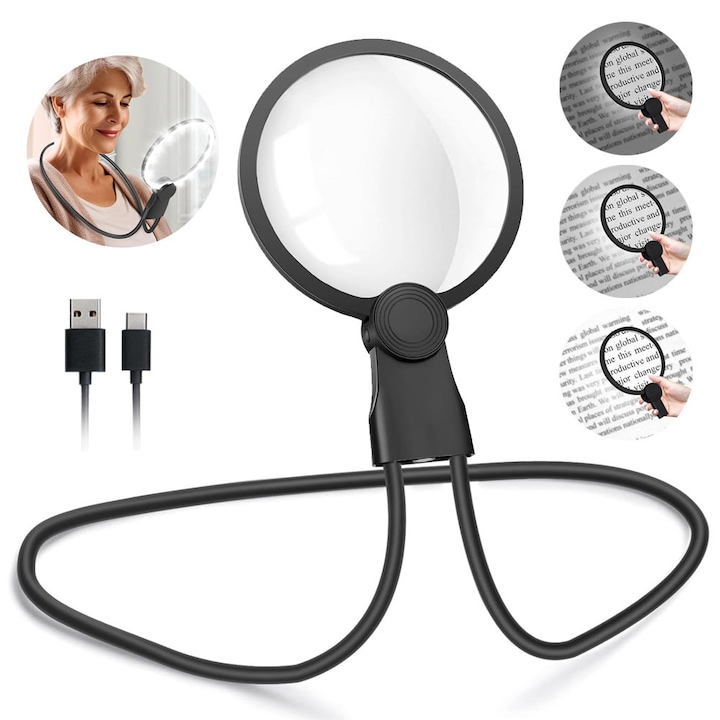 Lupa iluminare cu LED pentru Gat, 5.12 Inch/13cm, Marire 5X, Hands-free, Portabila, Ergonomic, iluminare ajustabila, 1000mAh, pentru Citit, Cusut si Vedere Slaba, pentru Varstnici si Lucru Detaliat
