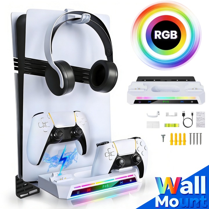 Kit suport perete, Excitat®, pentru PS5, Slim & Pro, cu Incarcator Dual pentru Controlere si Indicator LED Smart, Iluminare RGB Personalizabila, Constructie Rezistenta din Otel