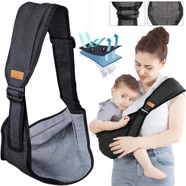 Purtător bebeluși, curea reglabilă, design ergonomic, negru, 60, 5x41cm