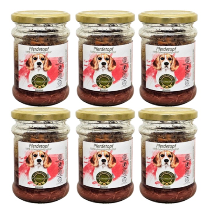 6x200g kutyatáp lóhússal és sárgarépával, tartósítószer-mentes, alacsony zsírtartalmú