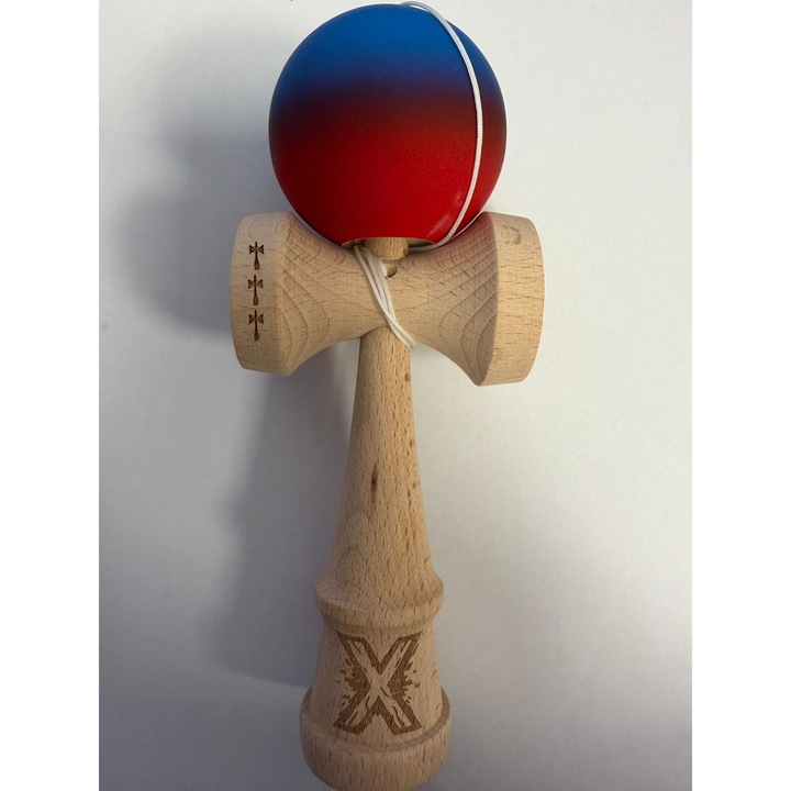 Kendama X eredeti, professzionális, fából készült, gumis markolatú, 18 cm, kék/piros