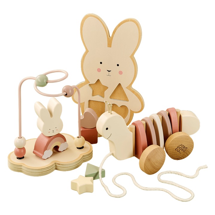 Set Cadou cu Iepuraș - Puzzle din Lemn, Jucărie de Tras și Labirint, Multicolor