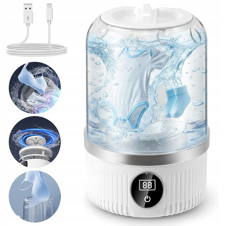 Мини преносима пералня, бяла, капацитет 1л