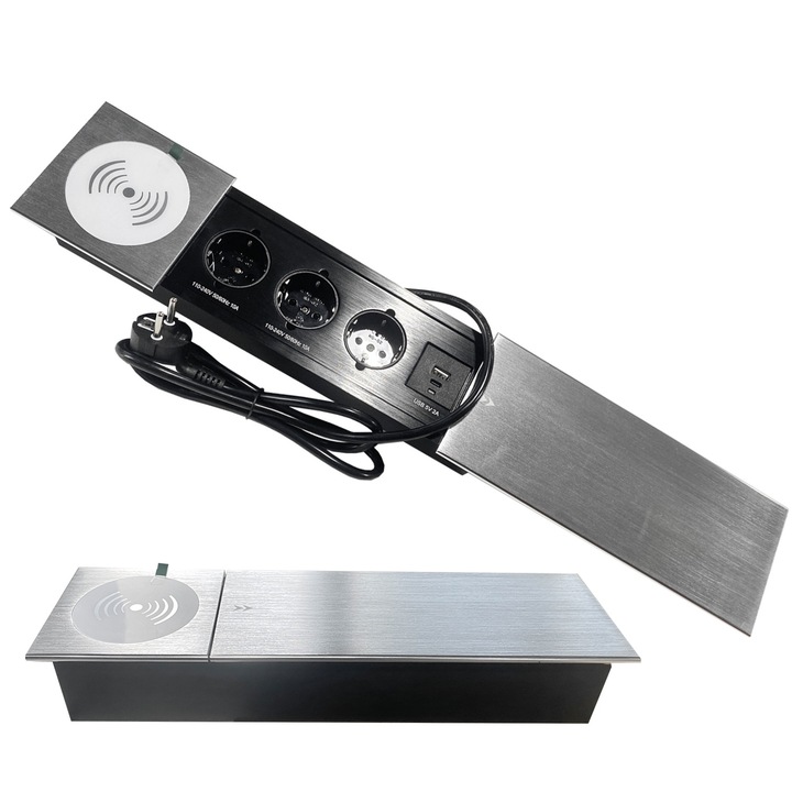 Priza Incastrata pentru Birou cu Capac Culisant, 3 Prize EU + 1 USB A + 1 USB C + Incarcator Wireless Qi de 15W, Cablu de Alimentare de 1,5 m, Aluminiu (Argintiu, pentru Birou/Masa de Conferinta)