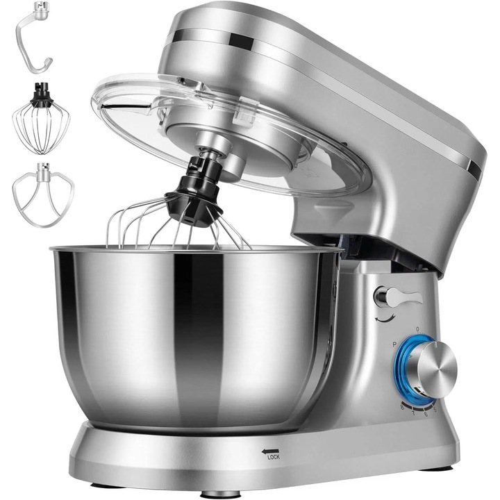 6,2 L-es konyhai robotgép, 1900 W, dagasztókarral, keverőlapáttal és habverővel, 8 sebességfokozat, rozsdamentes acél tál – ezüst/fekete/rózsaszín, univerzális feszültség (110V-240V)